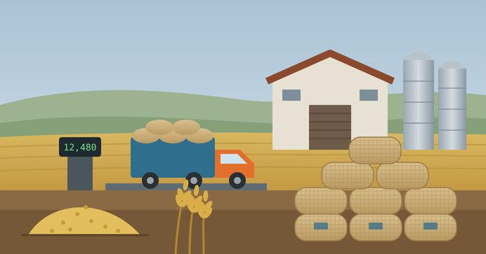 Illustration of grain sacks, a weighbridge, a silo and a warehouse